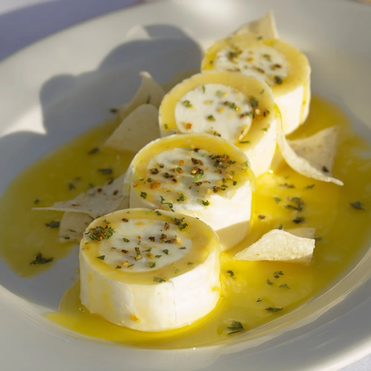 Vibrant appetizer photo: Smoked gouda, brie, goat cheese stepping stones with blue chips.