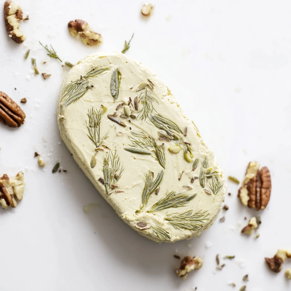 Creamy Fossil Record appetizer with detailed herb imprints and cracked, rustic nuts alongside.