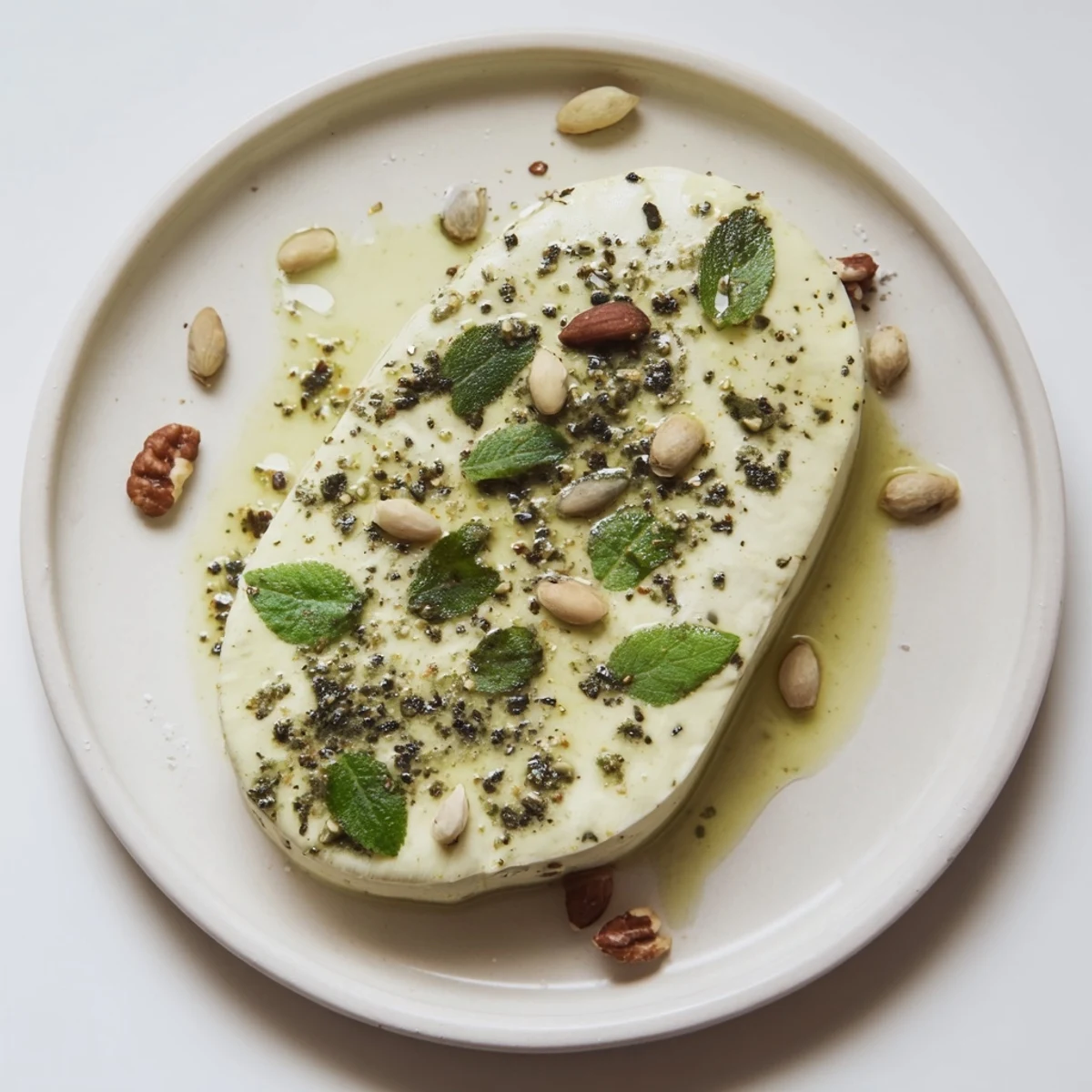 Enjoy the delicious Fossil Record appetizer: a creamy cheese spread with herb imprints and crunchy nuts.