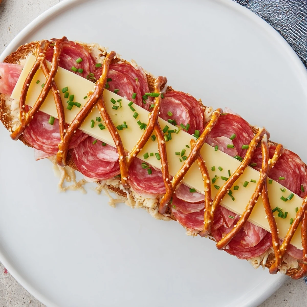 Close-up of The Lattice Window appetizer, a delightful arrangement of pretzel lattice and cheeses.