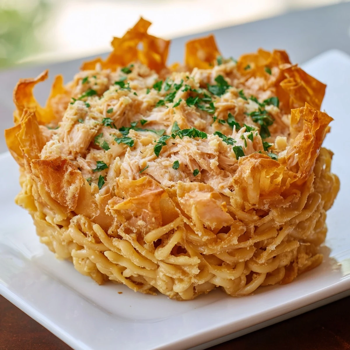 Crispy layers of phyllo embrace the savory Chicken and Pasta Crinkle Cake, ready to be sliced.