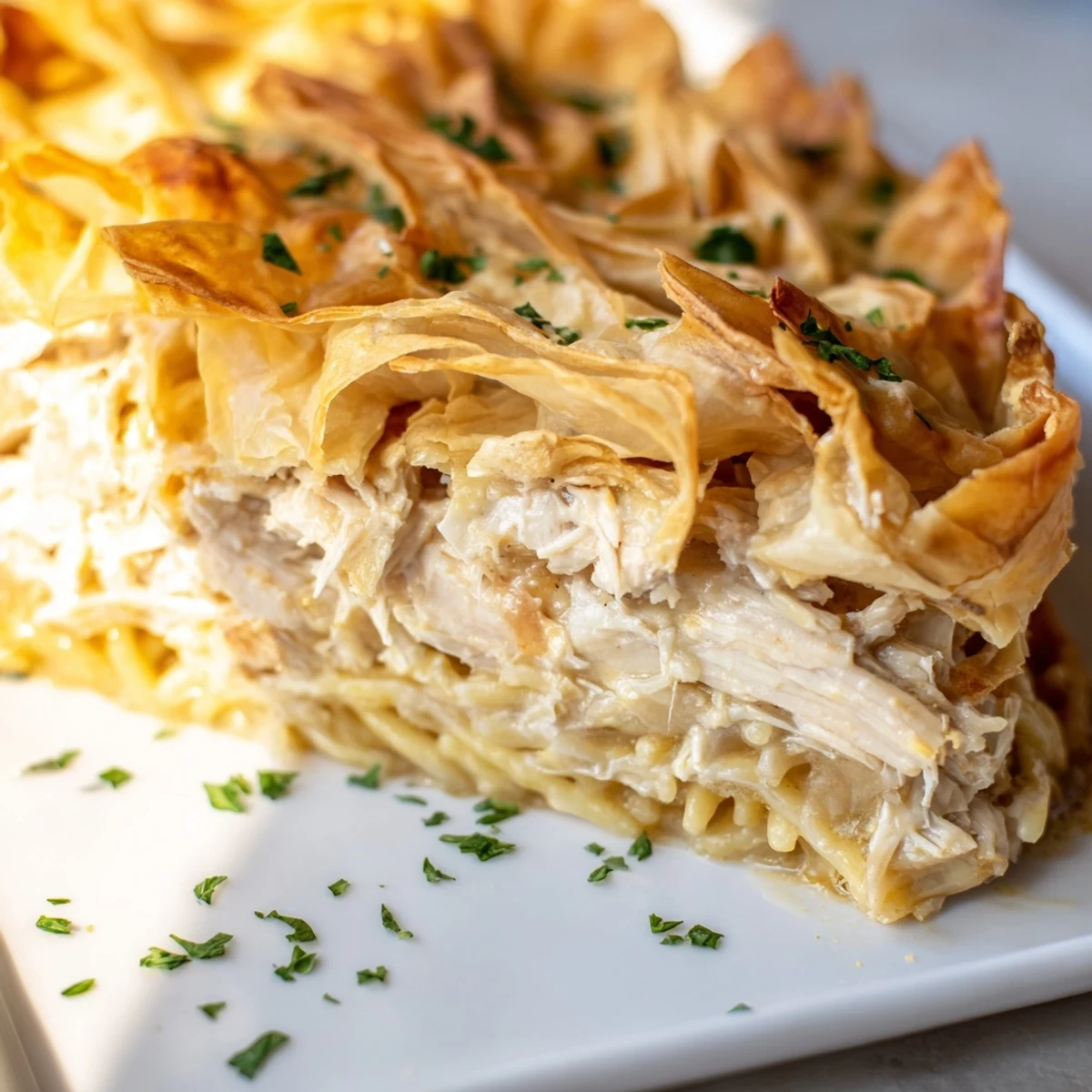 Golden and bubbly Chicken and Pasta Crinkle Cake, showcasing flaky phyllo and a cheesy filling.