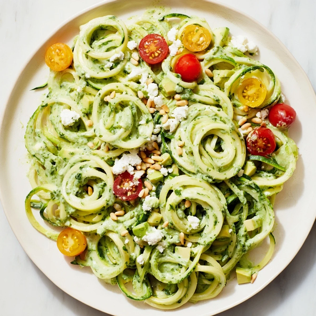 A light and flavorful Green Goddess Zoodle Pasta, showcasing tender zucchini noodles and a zesty, green sauce.