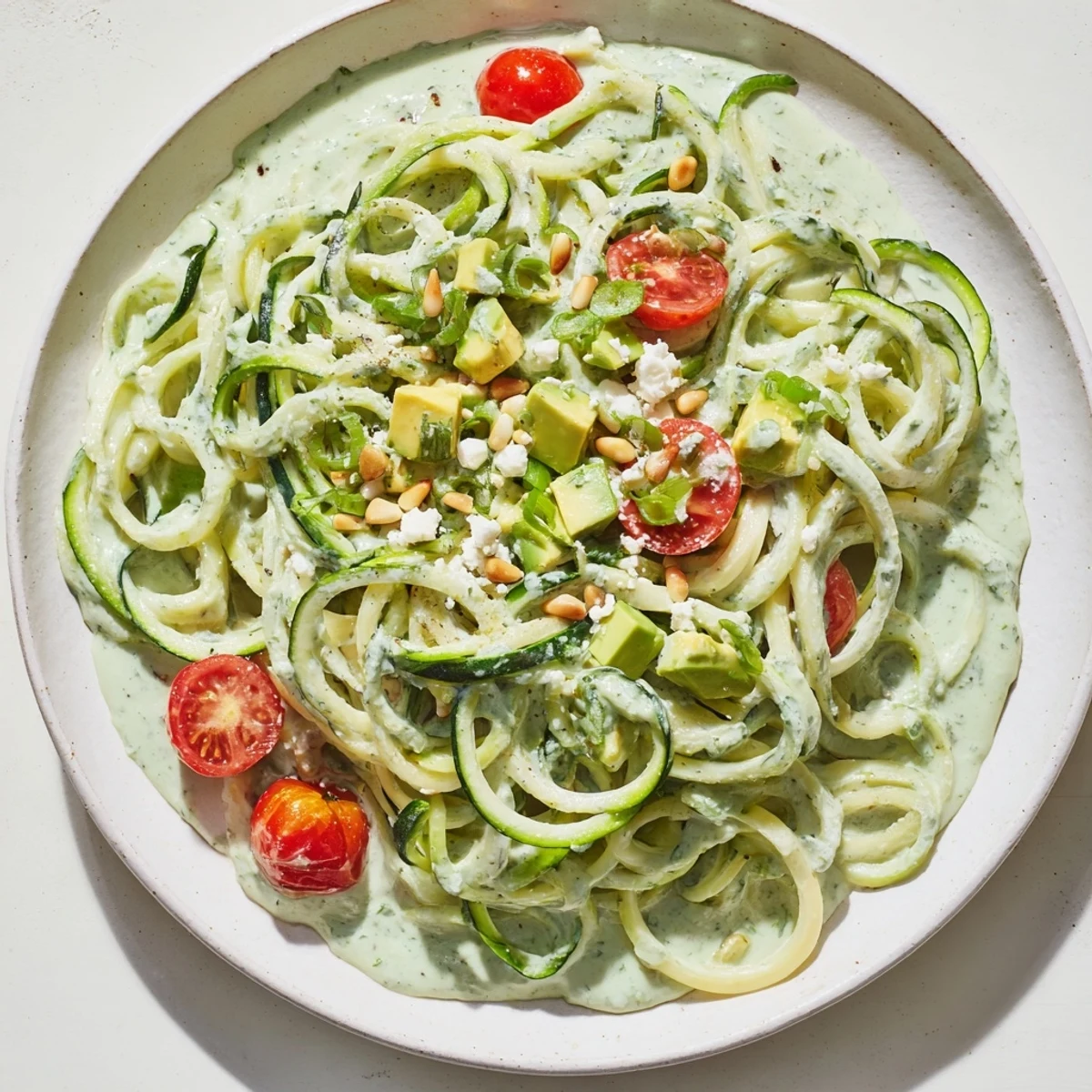 Bright bowl of Green Goddess Zoodle Pasta, a vegetarian delight with a creamy sauce and crunchy toppings.