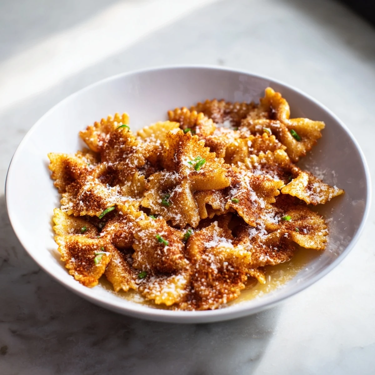 Golden-brown Pasta Chip Cereal in a bowl, with warm, savory parmesan broth "milk" and cheese topping.