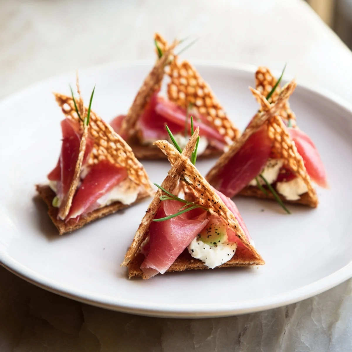 Delicate Paper Crane appetizer, featuring folded cured meats, perched on crisp crackers, ready to serve.
