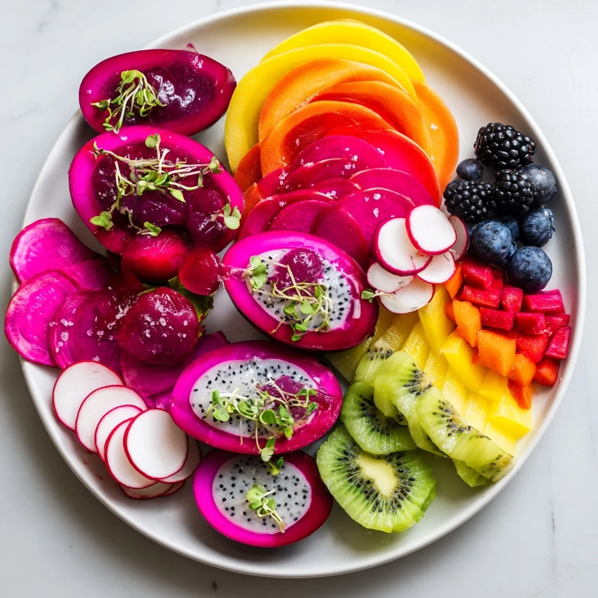 A visually stunning platter reveals The Neon Night, bursting with colorful pickled vegetables.