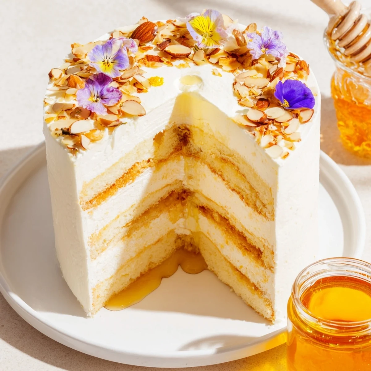 Golden, glistening Honey-Drip cake with layers of honey-infused cake and a honey pot center.