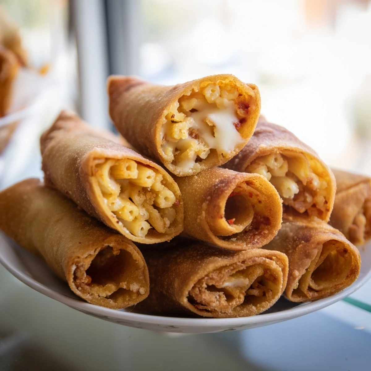 Golden-brown Tinis Mac and Cheese Lumpia Rolls, a crispy exterior filled with melty, cheesy goodness.