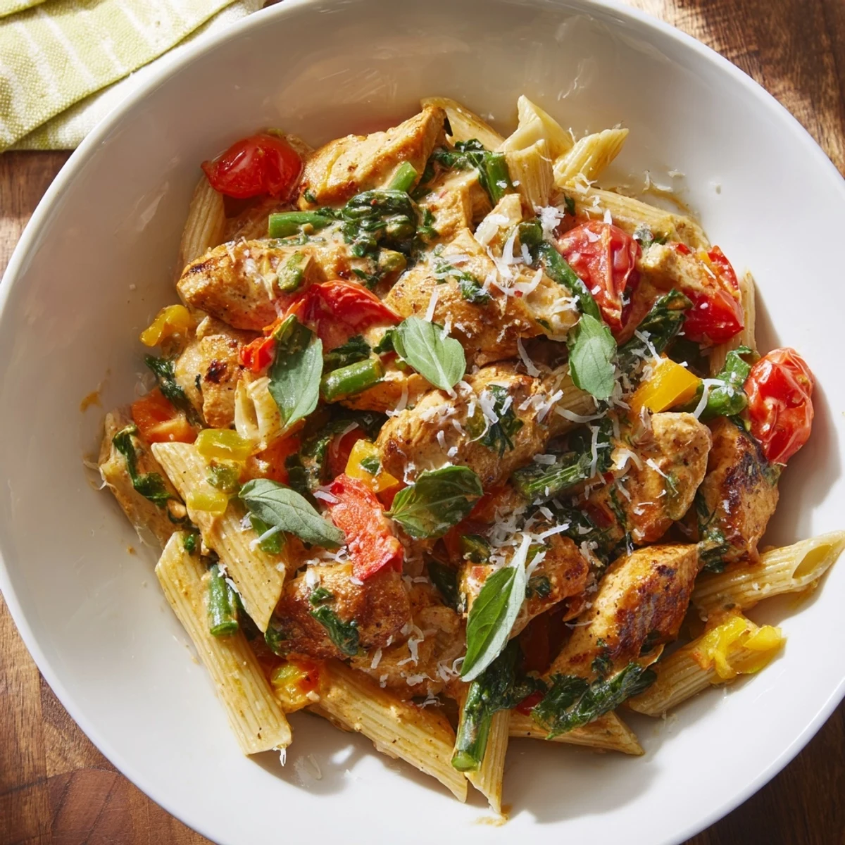 Steaming The Last Bite Chicken Pasta, featuring creamy sauce and fresh basil, ready to serve and enjoy.
