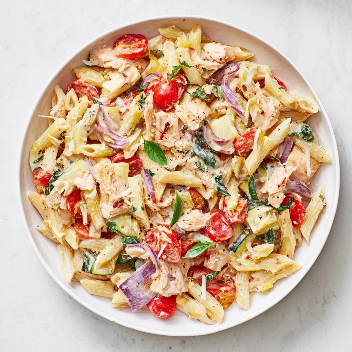 A vibrant bowl of The Last Bite Chicken Pasta with colorful vegetables and melted cheese, a comforting dinner.