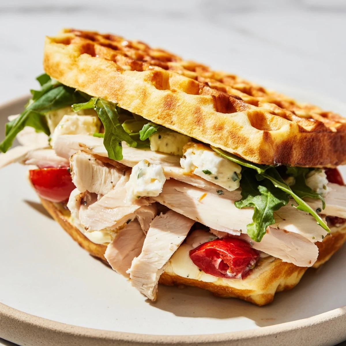 A close-up of a Chicken Caesar Waffle Sandwich, golden and stacked high for a hearty meal.
