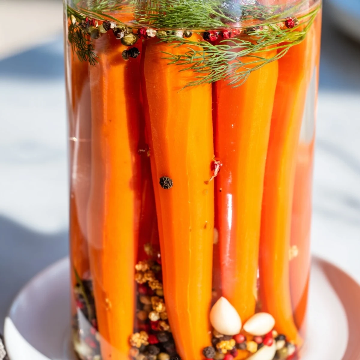 Crisp, bright Quick Pickled Carrot Spears arranged in a glass jar, ready for tangy snacking.