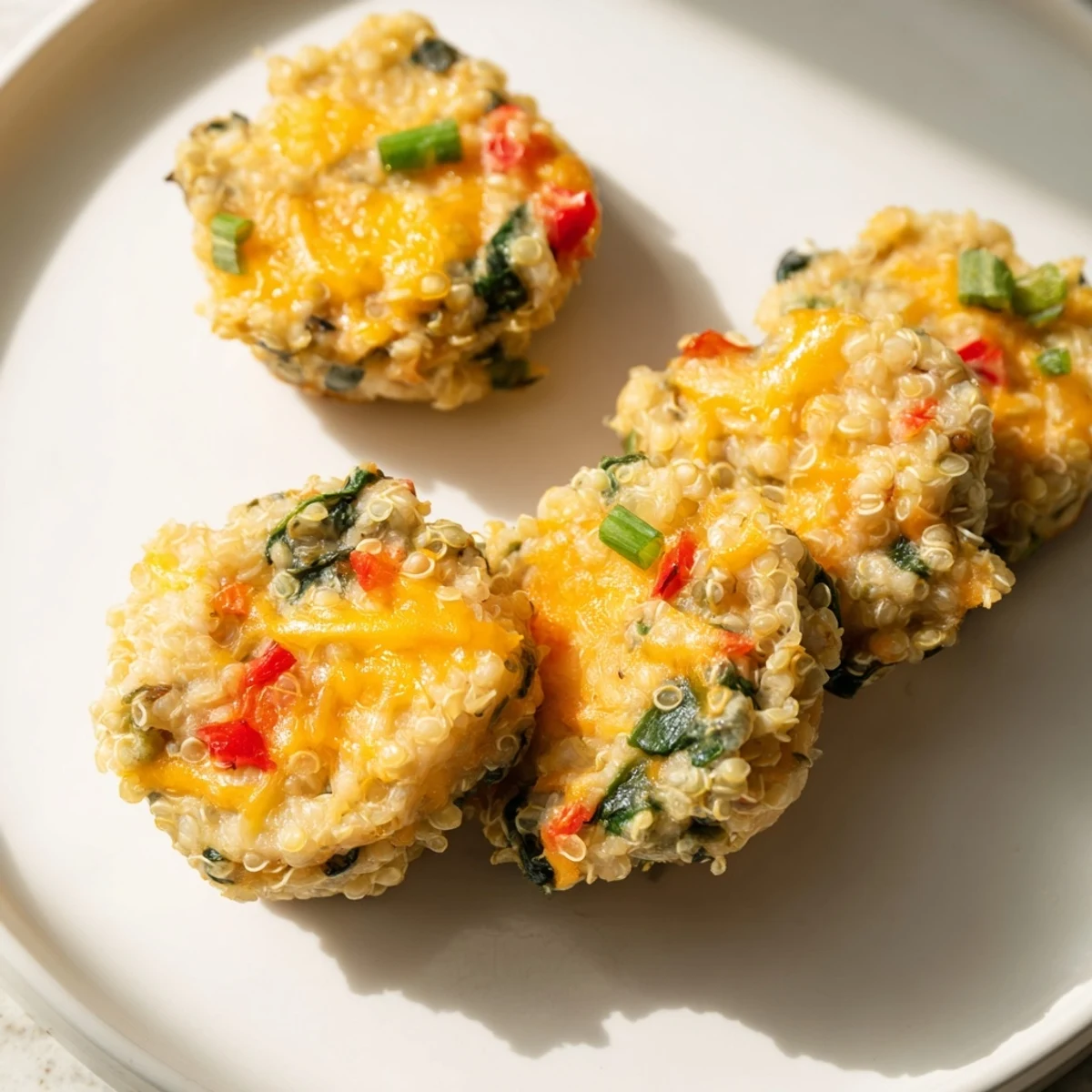 Enjoy warm, protein-packed Baked Cheddar Quinoa Bites featuring tender vegetables; a perfect appetizer.