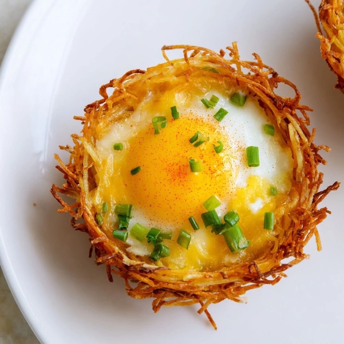 Golden crispy hashbrown egg nests, baked with cheddar cheese, offer a delicious breakfast treat.