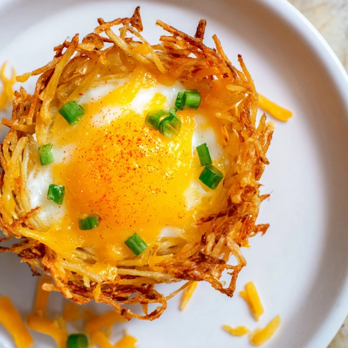 Enjoy a savory bite of these easy and cheesy Crispy Hashbrown Egg Nests for breakfast.