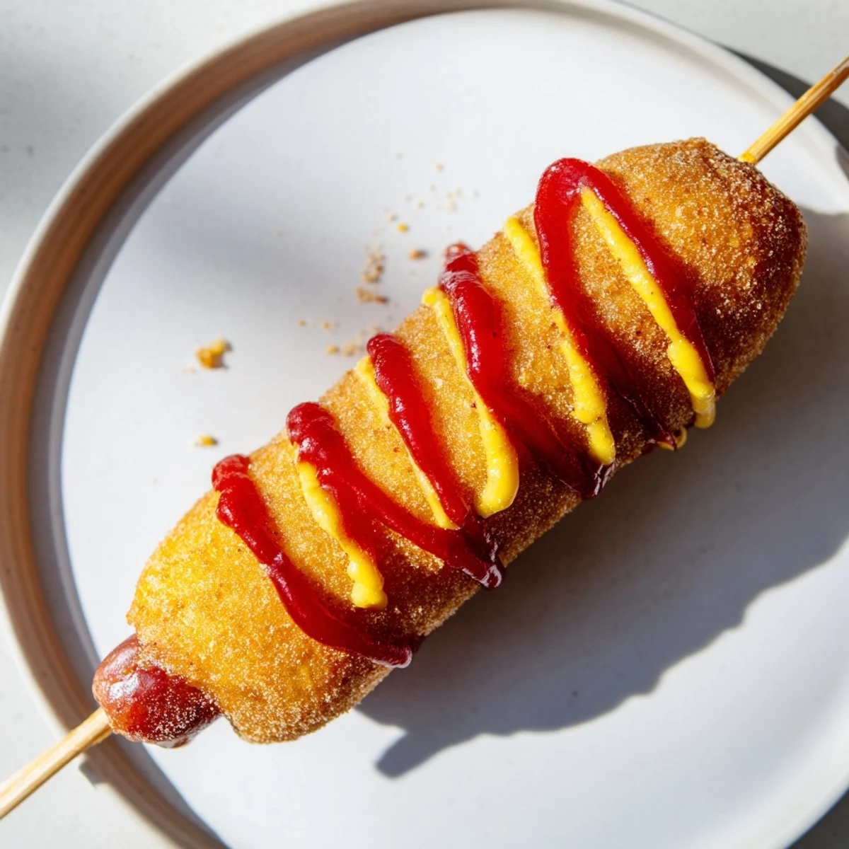 Golden-brown Korean-inspired corn dogs, crispy from a deep fry, ready to be enjoyed with toppings.