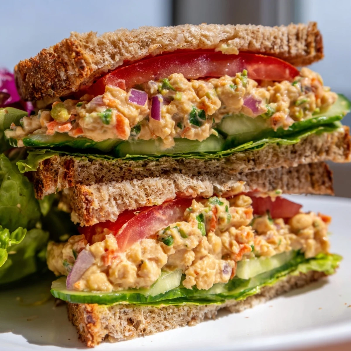 A finished easy chickpea salad sandwich, packed with flavors, perfect for a quick vegan lunch.