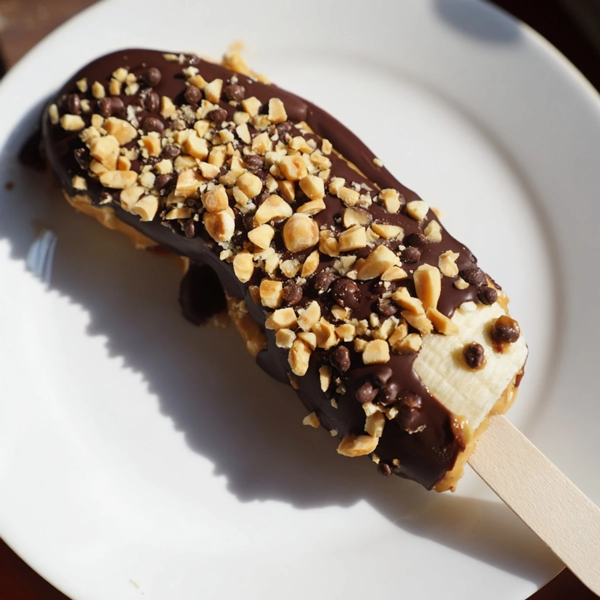 Frozen Banana Chocolate Pops, richly coated in dark chocolate with peanut and coconut toppings—a delicious treat.