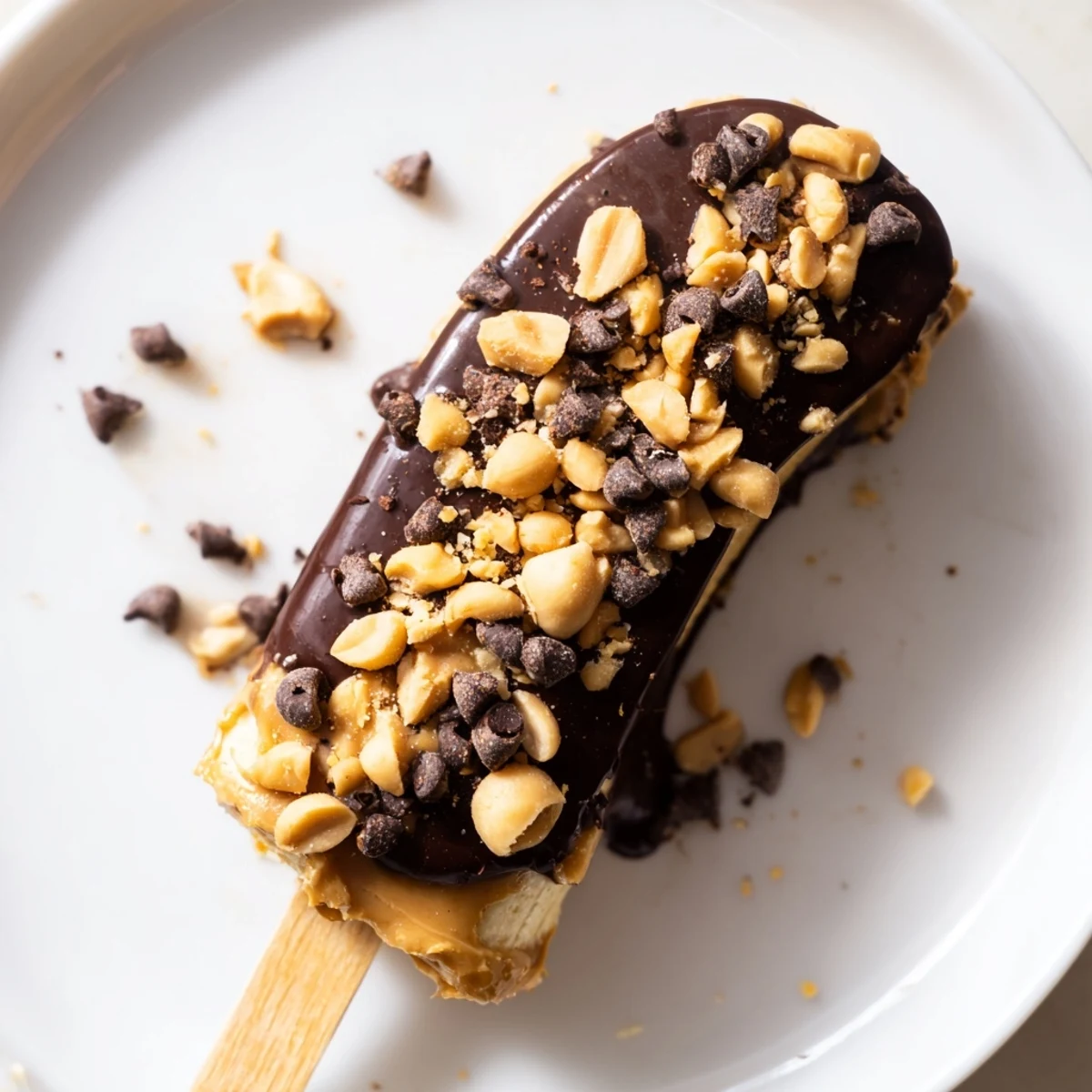 Homemade Frozen Banana Chocolate Pops offering a refreshing bite with creamy peanut butter and sweet banana flavors.