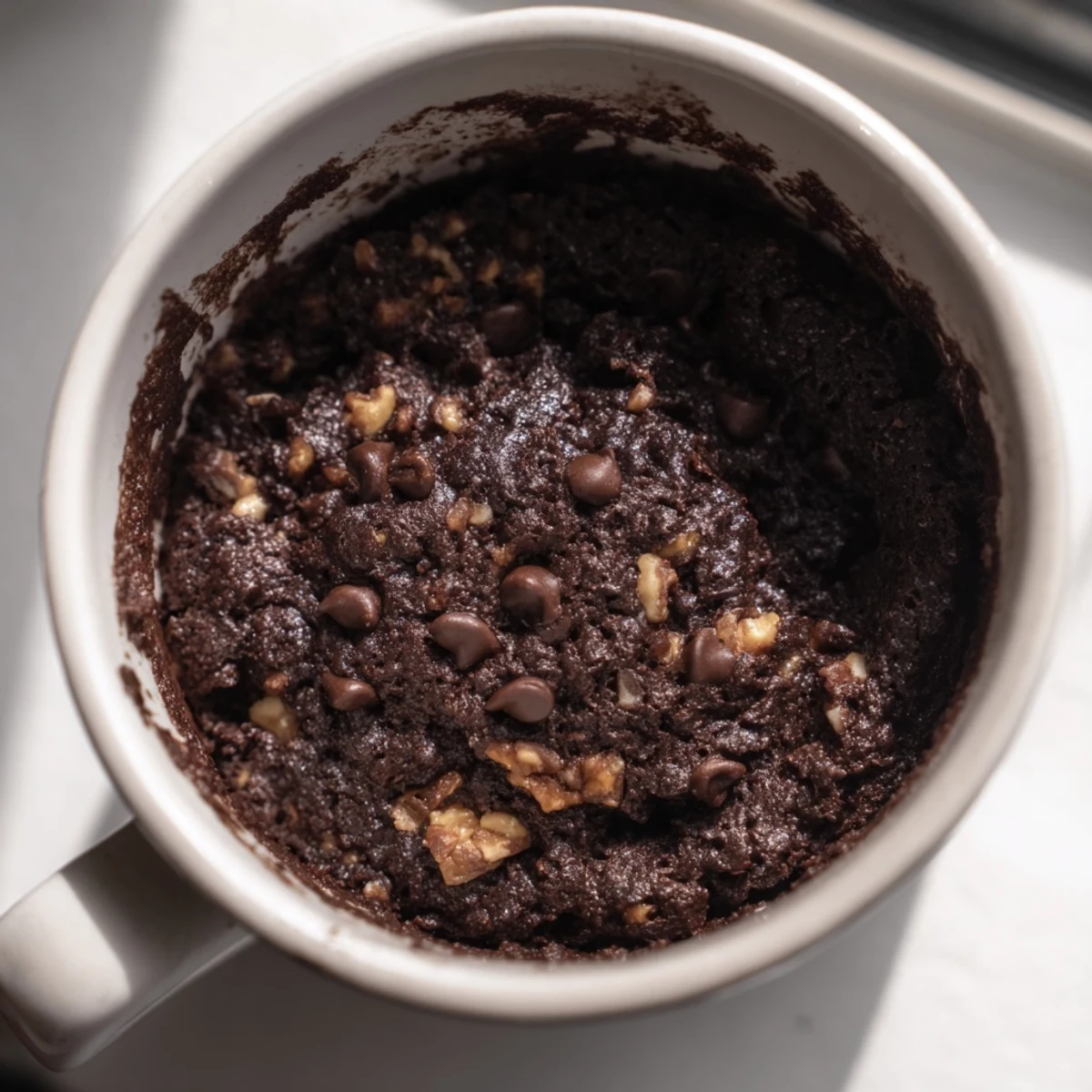 A single-serving mug brownie, freshly microwaved and ready to be devoured for a sweet treat.