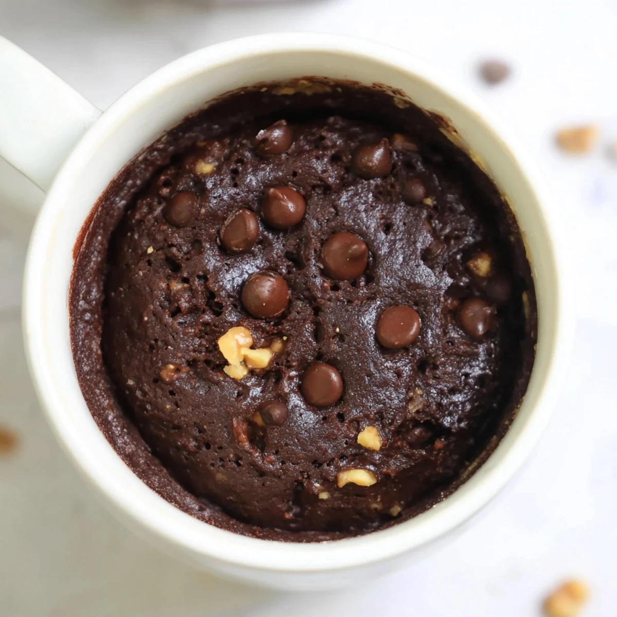 Warm and decadent 2-minute mug brownie, perfectly fudgy and chocolatey with added chocolate chips.