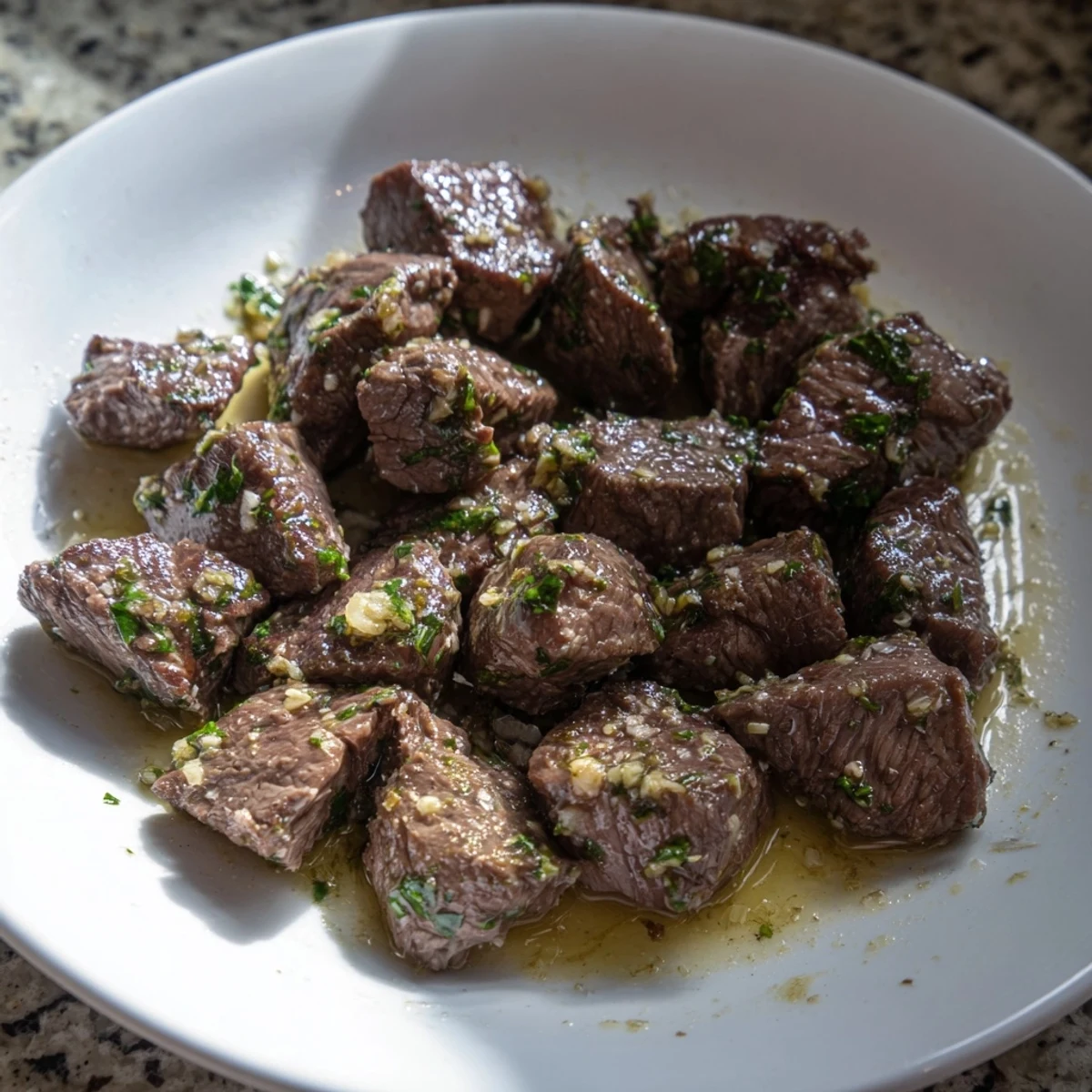 Air-Fryer Garlic-Butter Steak Bites, golden brown and glistening, ready to serve with fresh parsley.