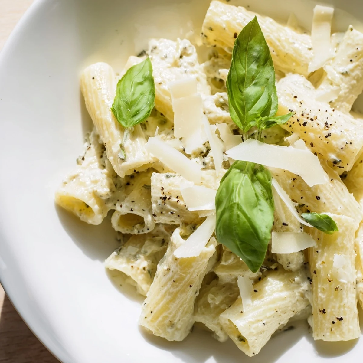 Creamy Cottage Cheese Pasta with fresh basil, a delightful and comforting meal ready to enjoy.