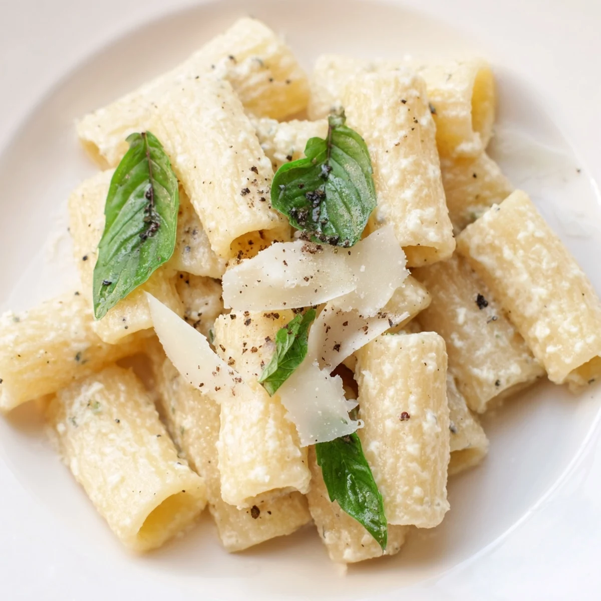 A close-up shot of Creamy Cottage Cheese Pasta, showing a rich, silky sauce and penne pasta.