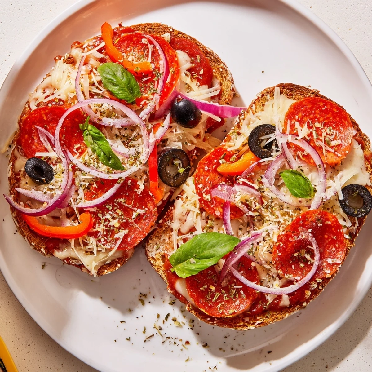 Close-up of freshly broiled Pizza Toast 2.0, showing layers of melted cheese and flavorful toppings on toasted bread.