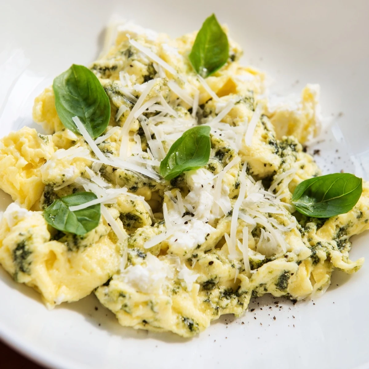 Fluffy Pesto Cottage Cheese Eggs, a vibrant breakfast of creamy scrambled eggs with fresh pesto and cottage cheese.