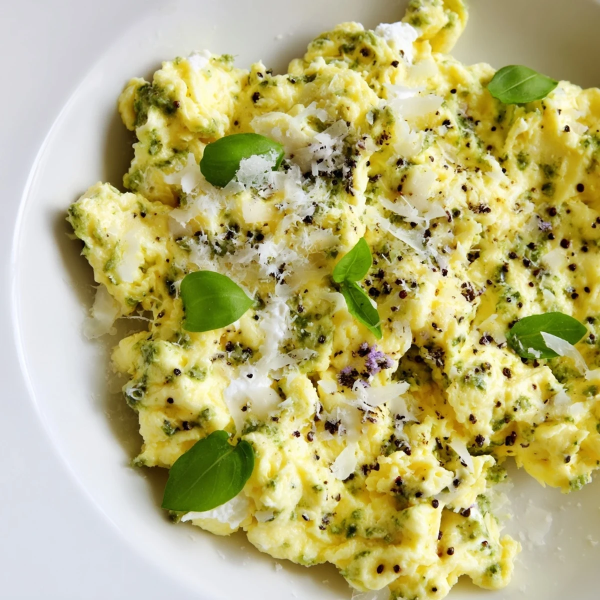 Enjoy creamy, herb-infused Pesto Cottage Cheese Eggs; the perfect easy, gluten-free vegetarian breakfast loaded with protein.