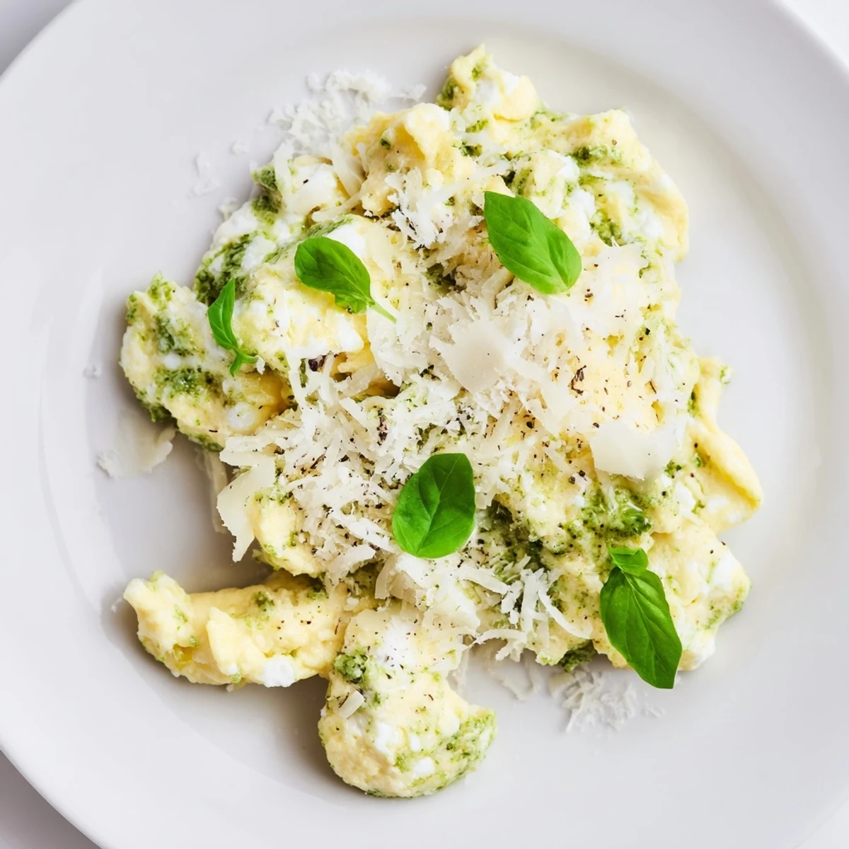 Scrumptious Pesto Cottage Cheese Eggs, ready to eat, served with fresh basil and crusty toast for a filling brunch.