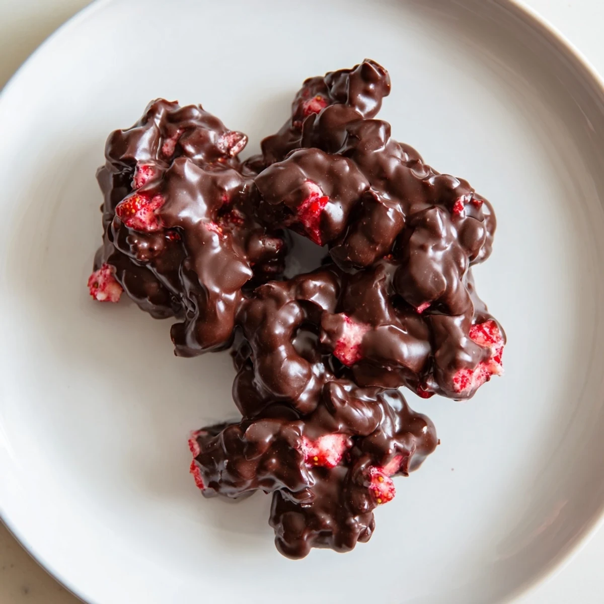 A close-up of a Strawberry Yogurt Cluster; you can almost taste the berries and chocolate.
