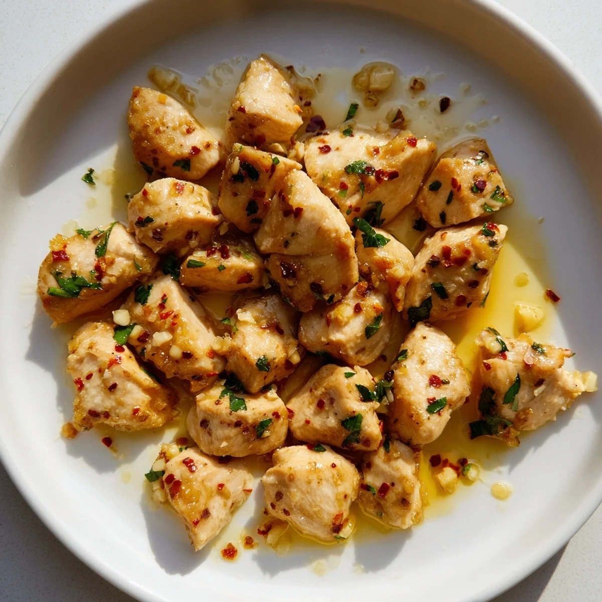 Golden, juicy garlic butter chicken bites, glistening with savory sauce, ready to be served.