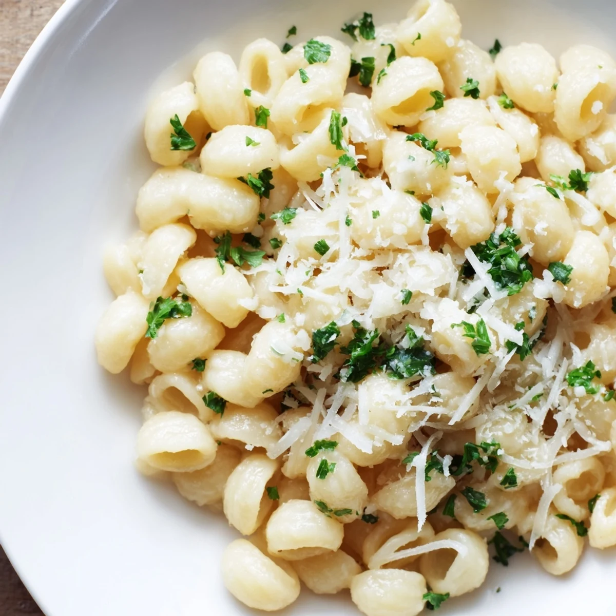 A flavorful bowl of 15-minute creamy garlic butter ditalini, glistening with a creamy, cheesy sauce.