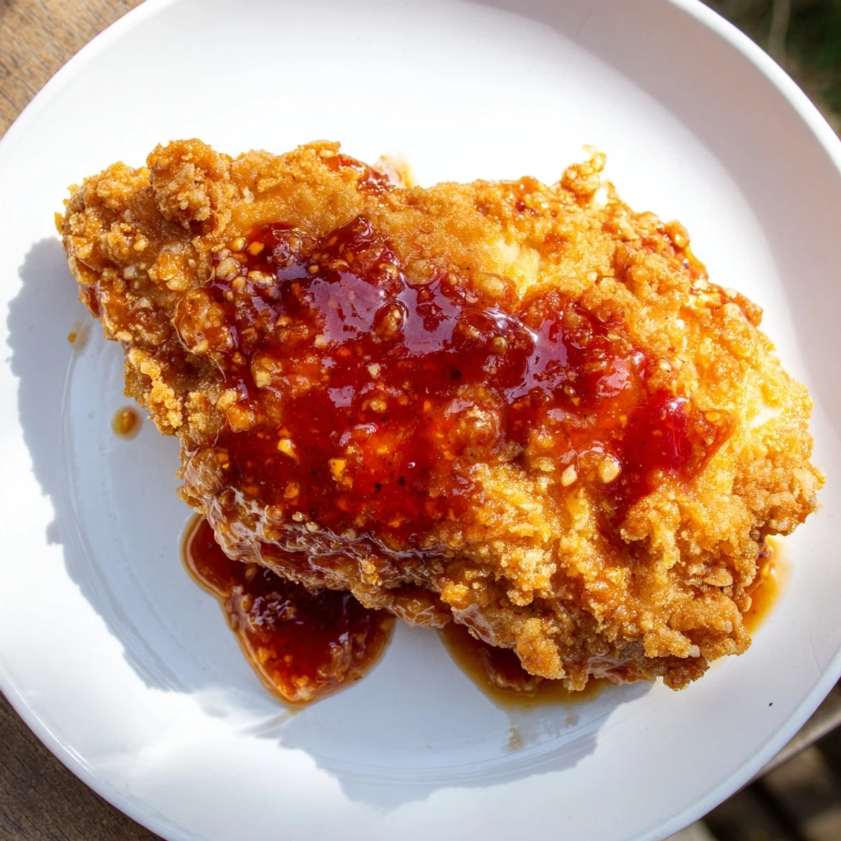 Golden, crispy-skinned hot honey crispy chicken thighs, drizzled with sweet and spicy glaze.
