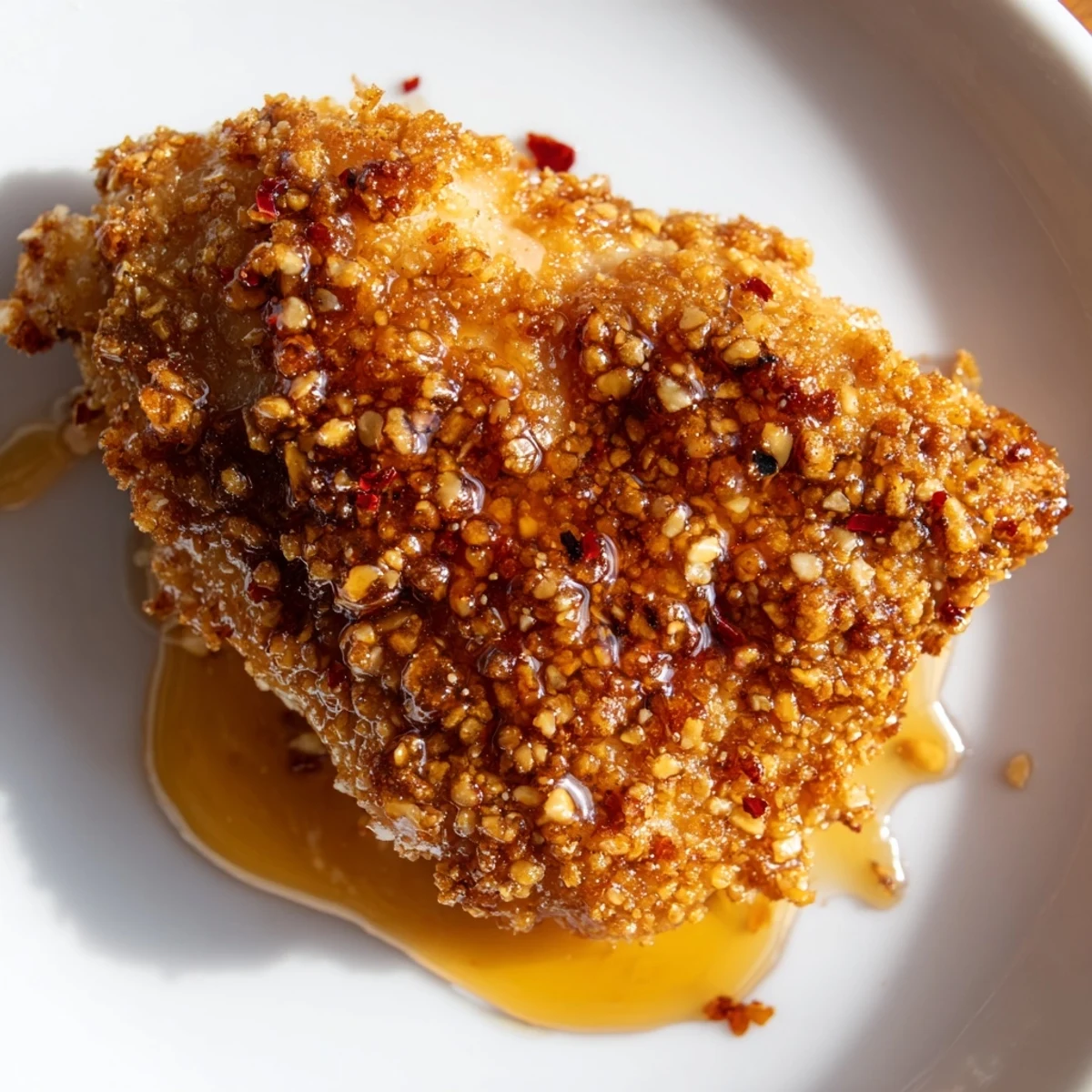 A close-up of delicious hot honey crispy chicken thighs, ready to be served on a plate.