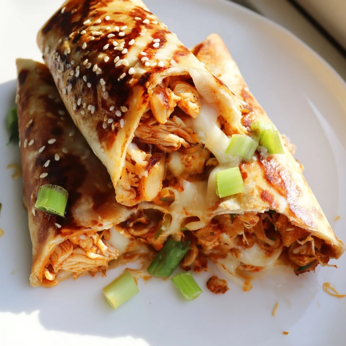Golden, melty cheese oozes from a crispy Korean BBQ Chicken Wrap Grilled Cheese, ready to be enjoyed.