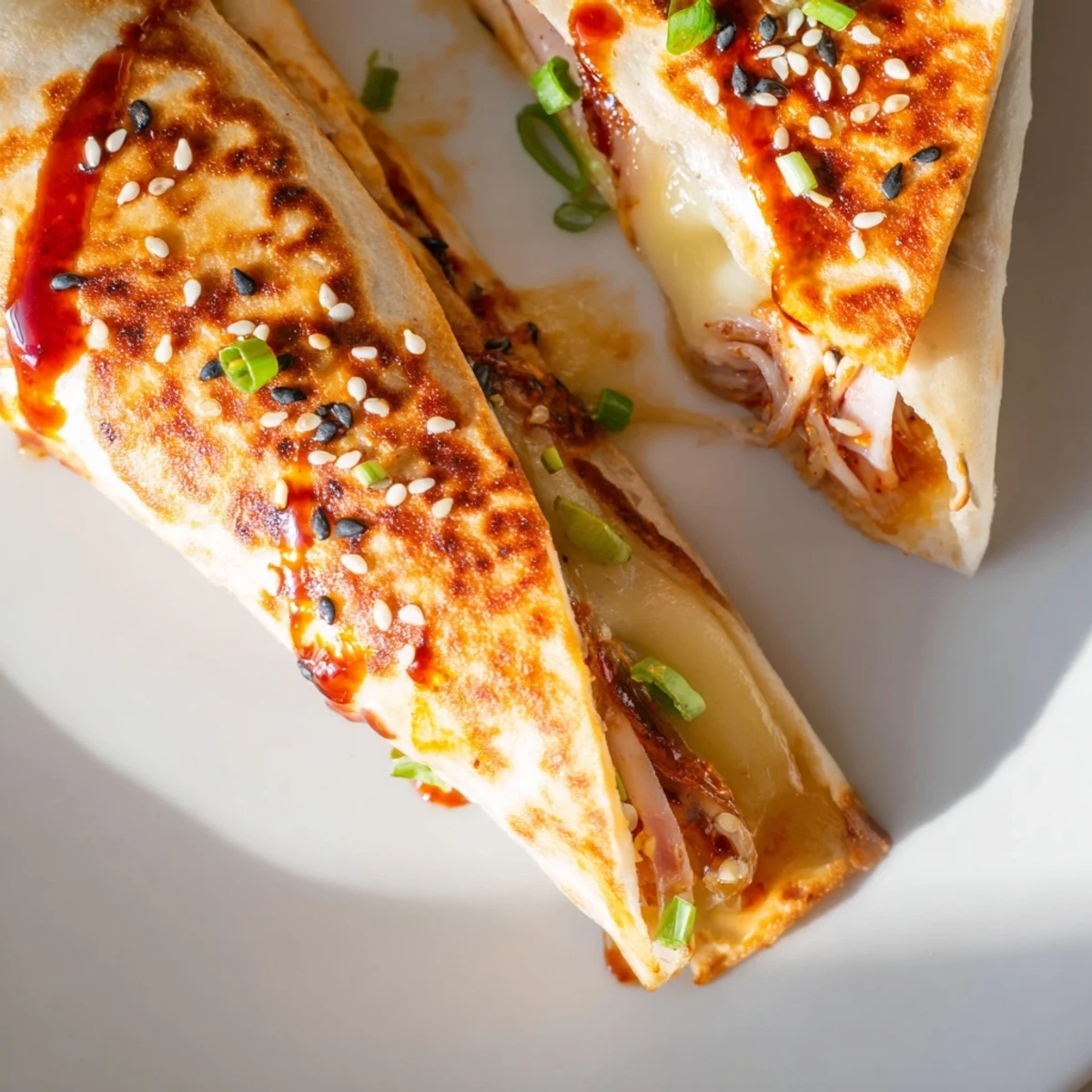 Imagine the amazing flavors: a close-up of a loaded Korean BBQ Chicken Wrap Grilled Cheese, ready to eat.