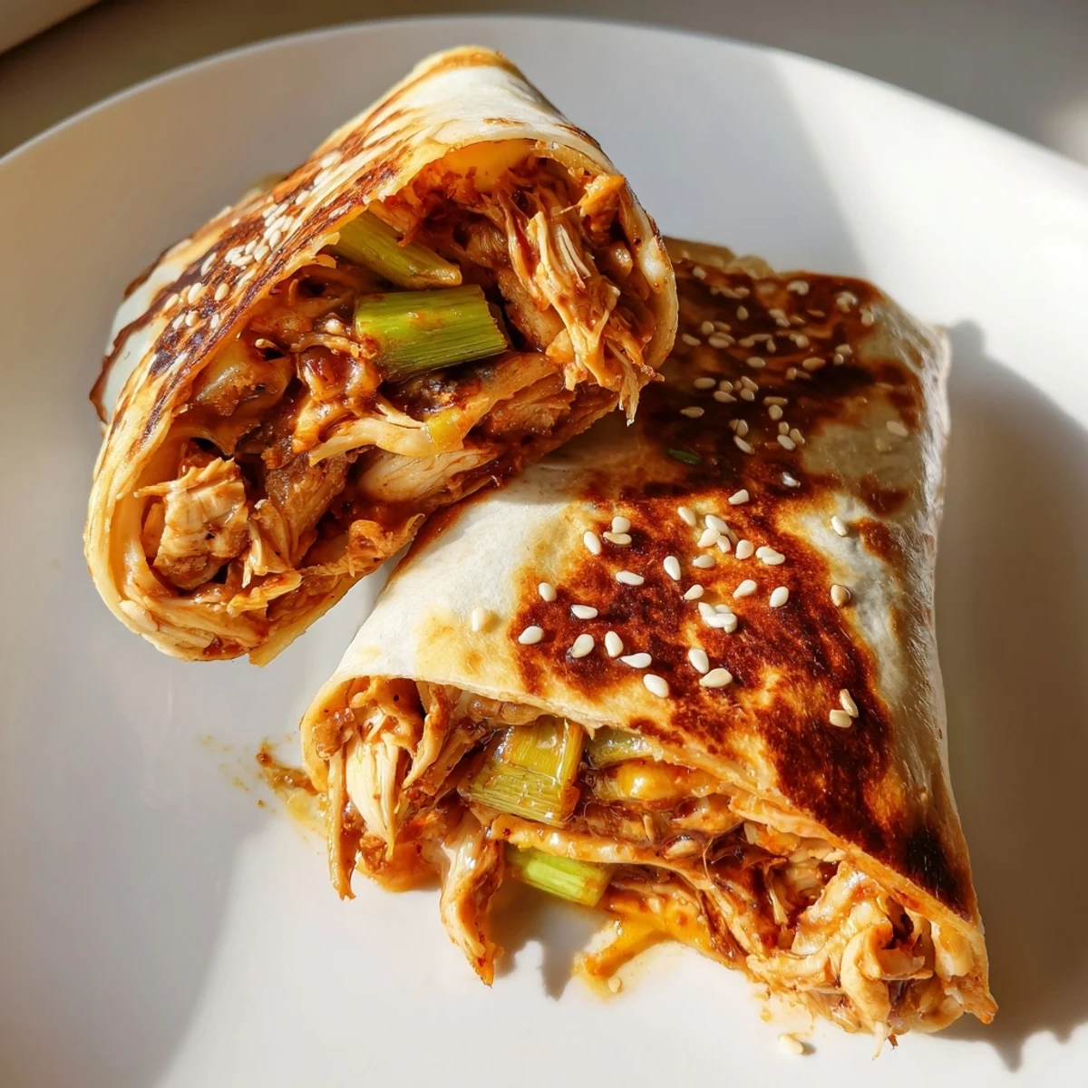 A perfectly grilled Korean BBQ Chicken Wrap Grilled Cheese, served with chopped scallions and sesame seeds.