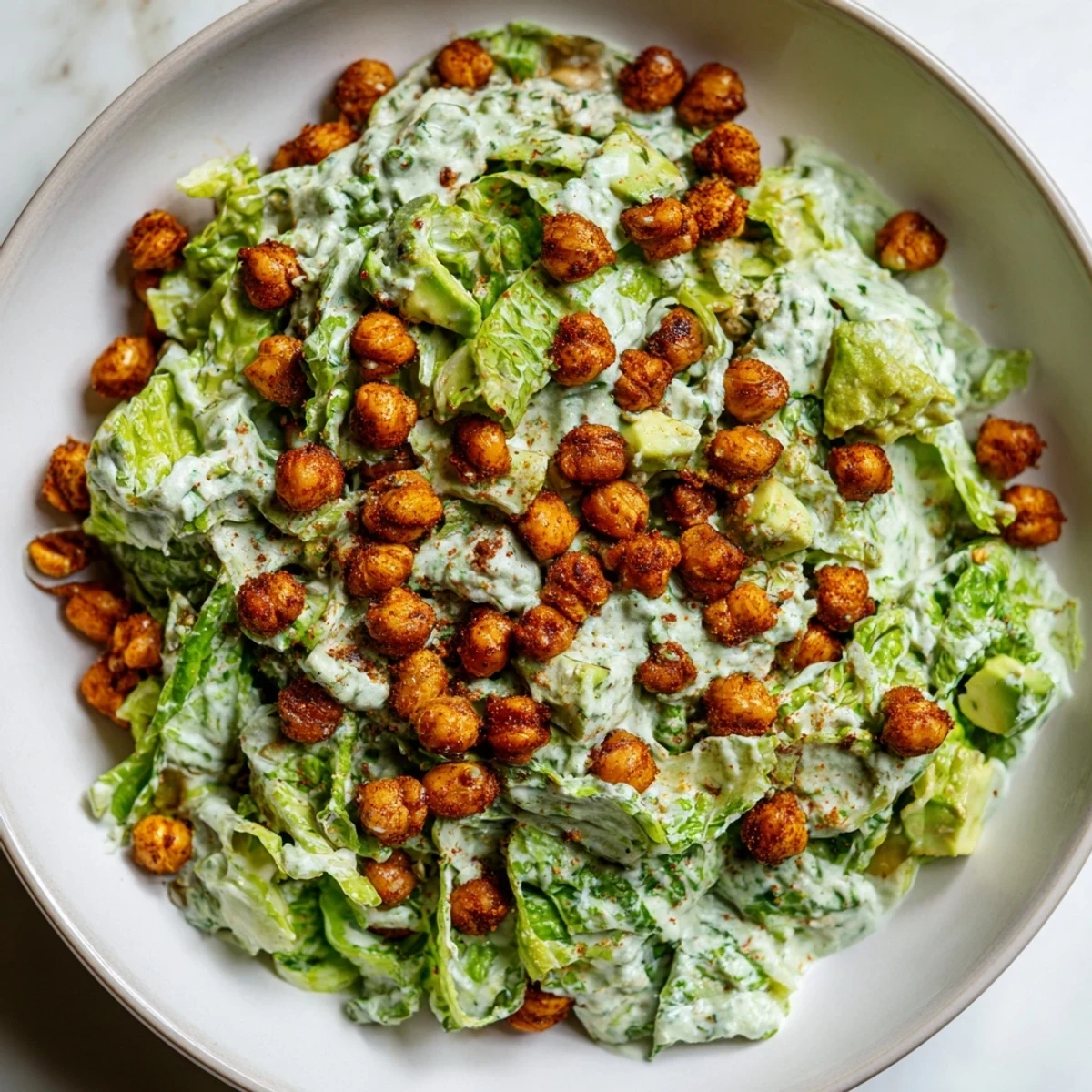 Green Goddess Salad with crispy chickpeas, a fresh chopped salad topped with crunchy, golden chickpeas.