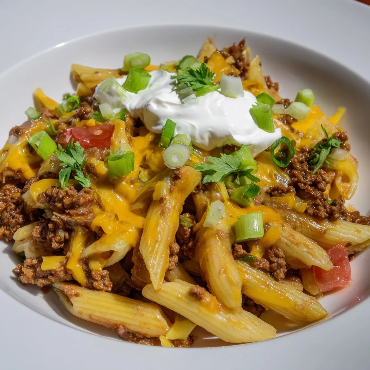 A steaming bowl of One-Pot Taco Pasta, topped with green onions and sour cream for serving.