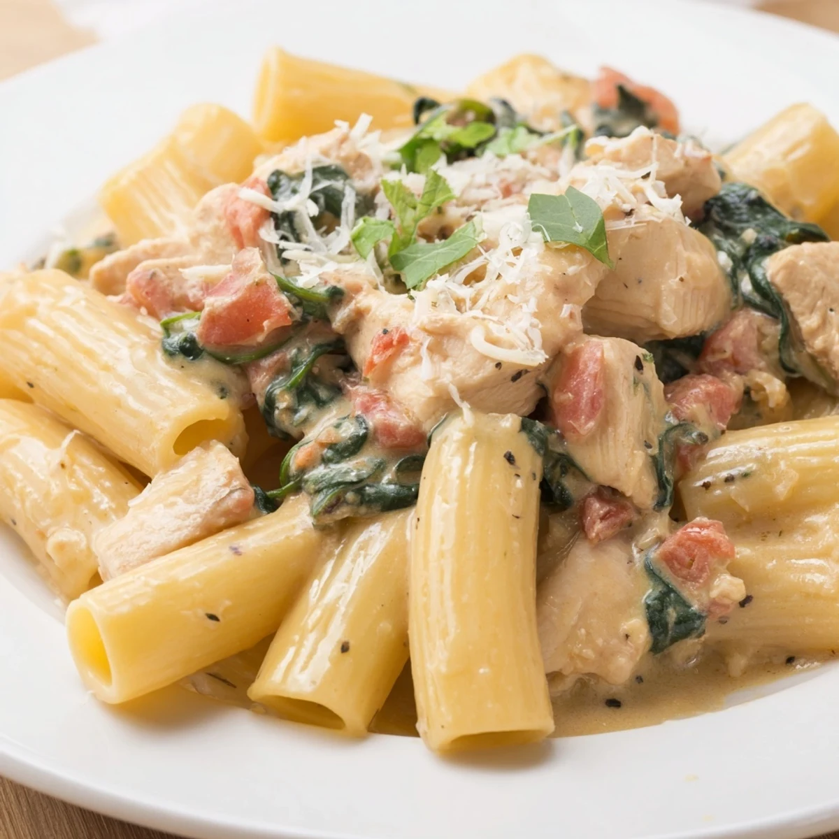 Budget-Friendly Marry Me Chicken Pasta: creamy pasta with tender chicken, garnished with fresh basil, ready to eat.