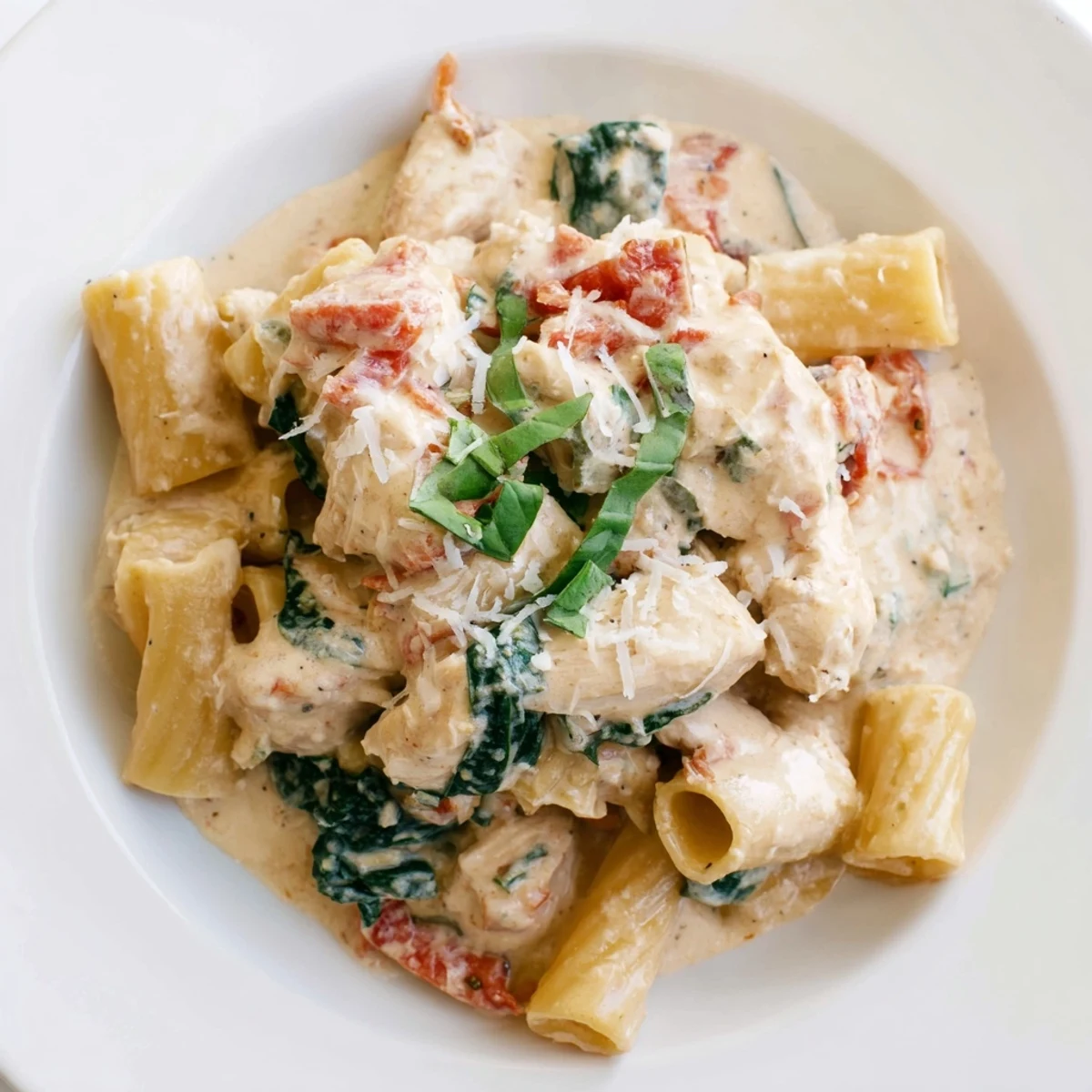A hearty bowl of Budget-Friendly Marry Me Chicken Pasta: creamy sauce coating penne, chicken visible, ready to serve.