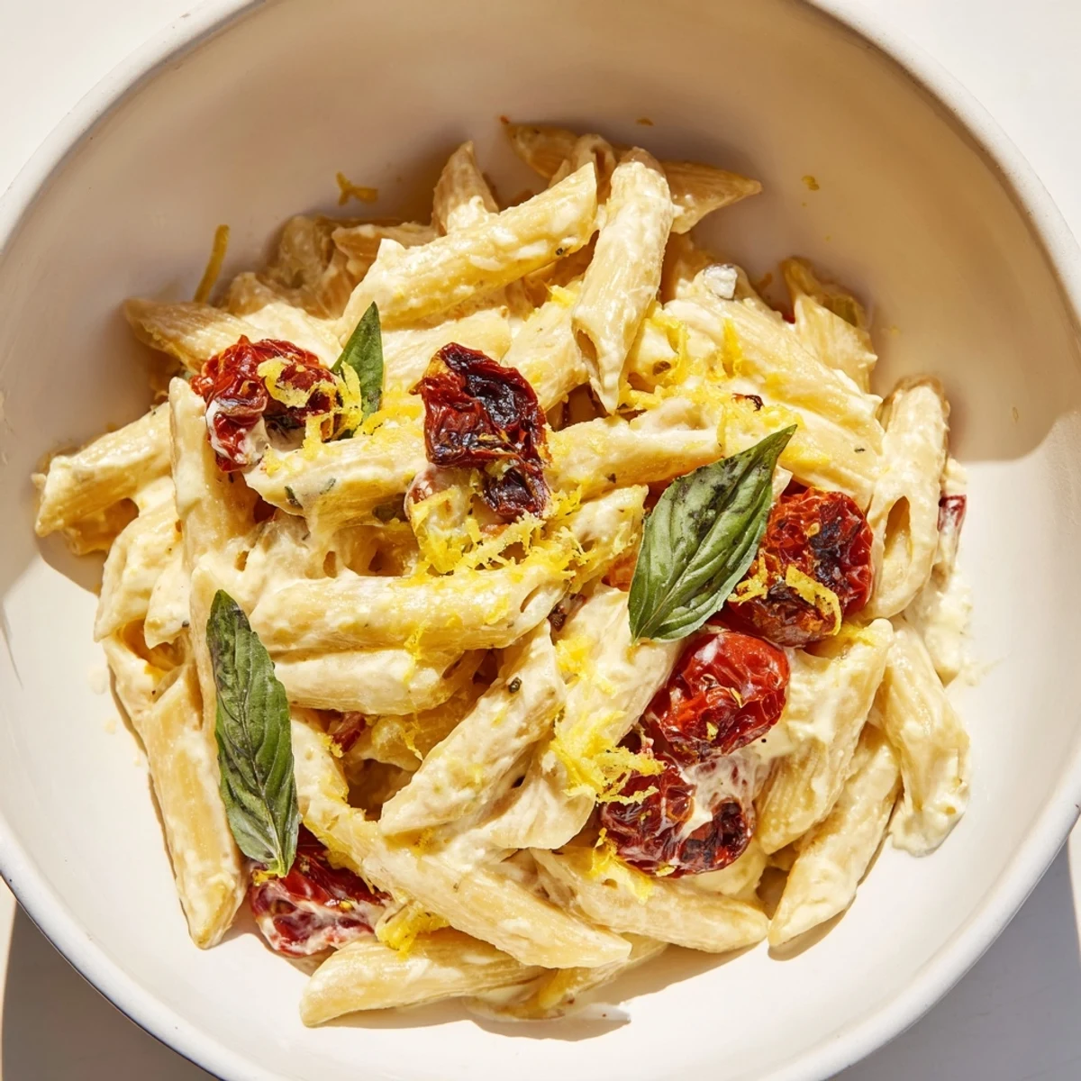 Creamy baked feta pasta with sun-dried tomatoes, herbs, and bubbly sauce is ready to serve.