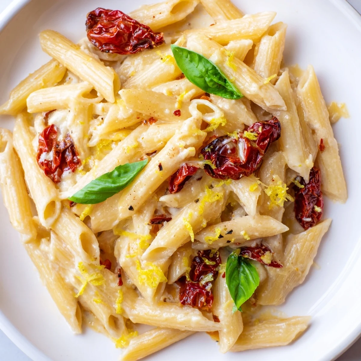 A close-up view of steaming baked feta pasta: melted cheese swirls with red tomatoes.