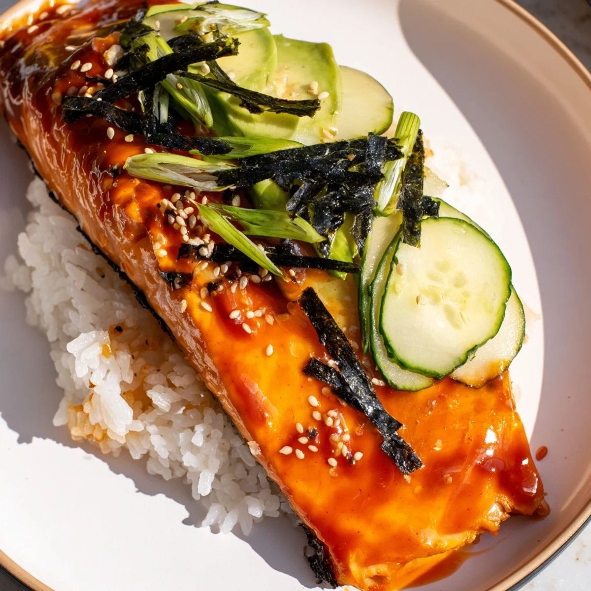 Golden-brown Emily Mariko-Inspired Sticky Orange Gochujang Salmon Bowl with colorful vegetables, ready to eat.