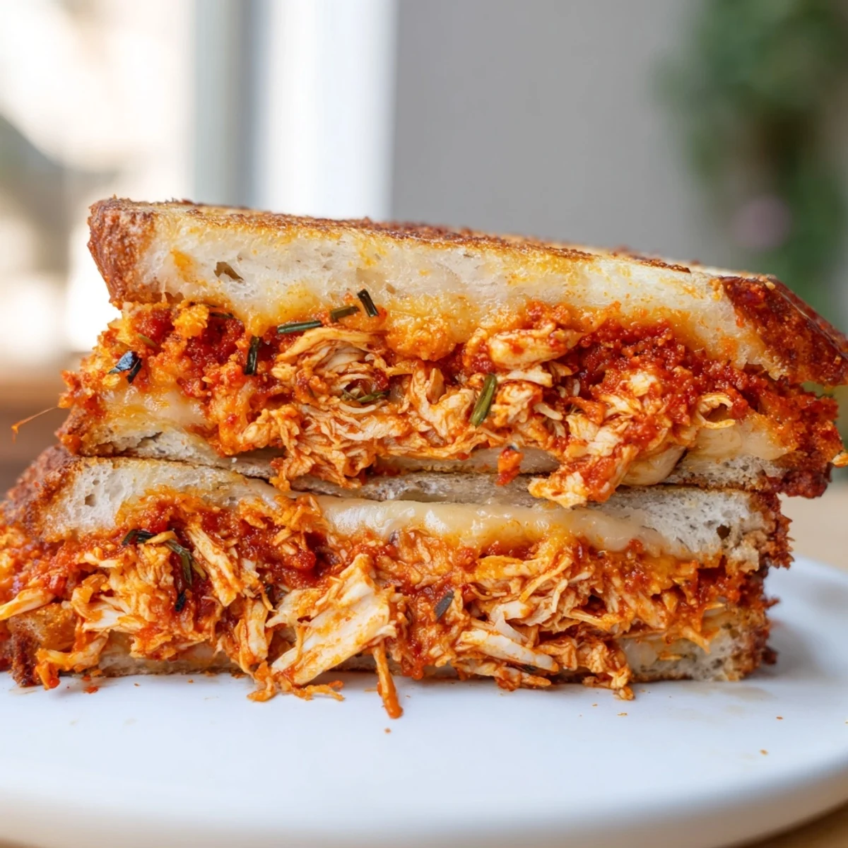 Golden, cheesy layers meet the spicy shredded chicken in this Spicy Crispy Chicken Sandwich Grilled Cheese.