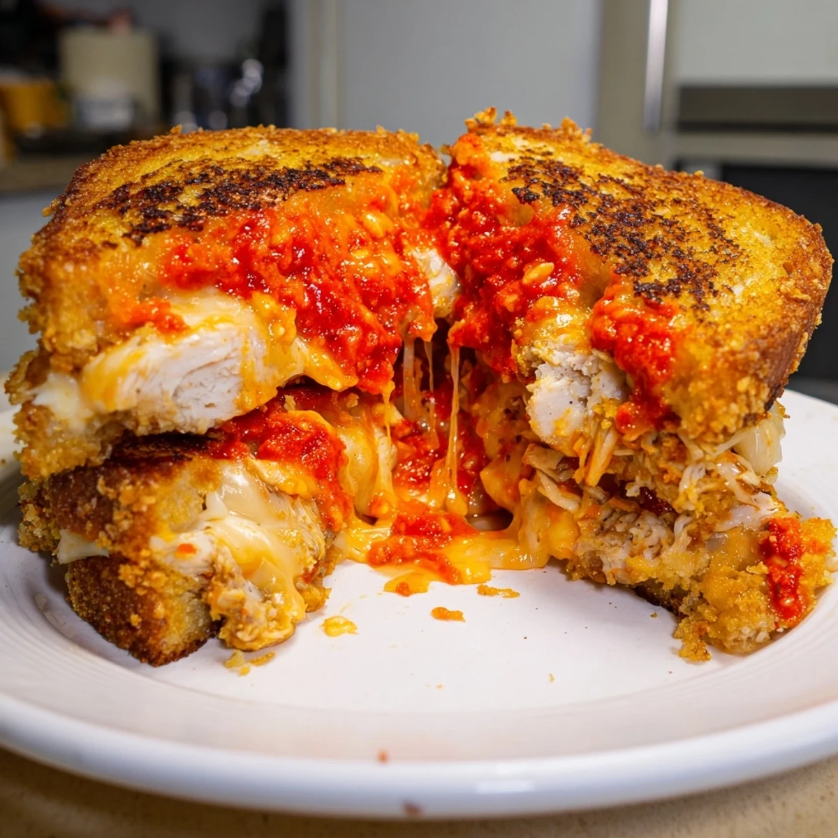 A warm, crispy Spicy Crispy Chicken Sandwich Grilled Cheese, loaded with melted cheese and zesty, vibrant chicken.